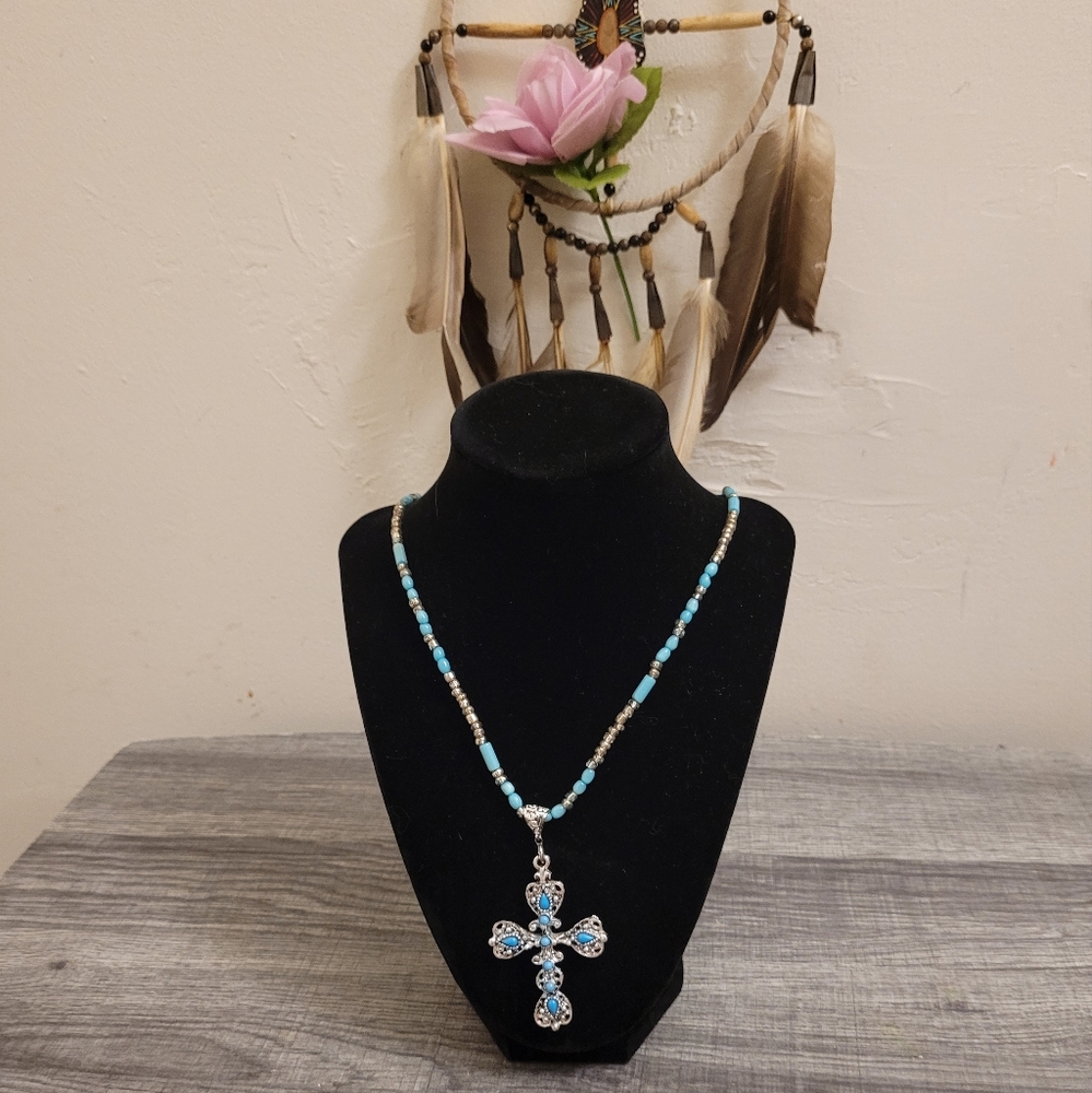 Faux turquoise cross with hand beaded necklace